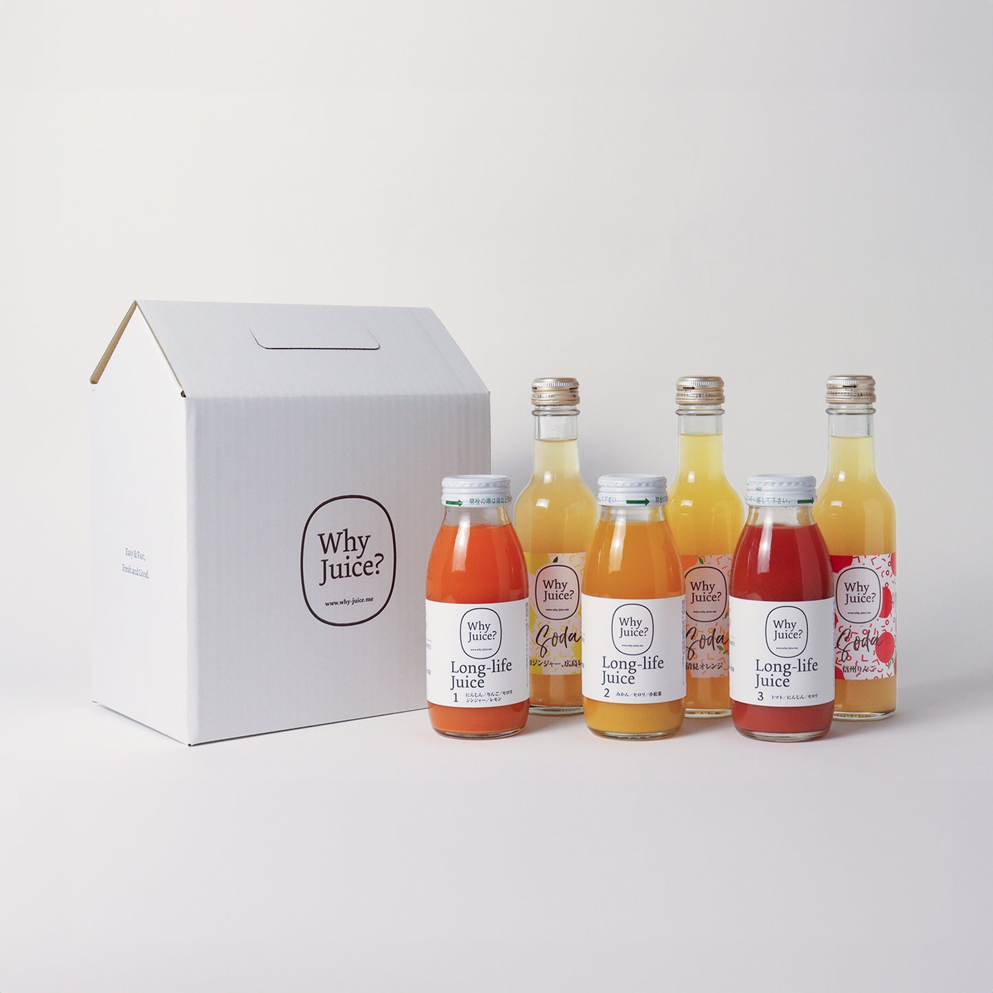 Fruits SODAとLong-life Juice の6本ギフトボックス(ジンジャーレモンソーダ、りんごソーダ、清見オレンジソーダ/にんじん、みかん、トマト)